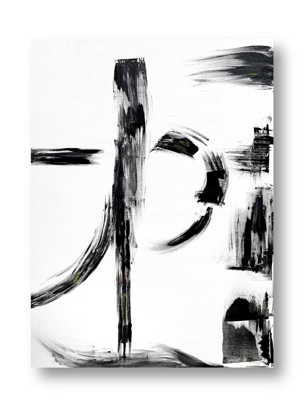 Abstract black and white canvas wall art featuring expressive brushstrokes and forms on a white background.