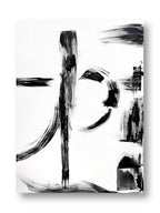 Abstract black and white canvas wall art featuring expressive brushstrokes and forms on a white background.