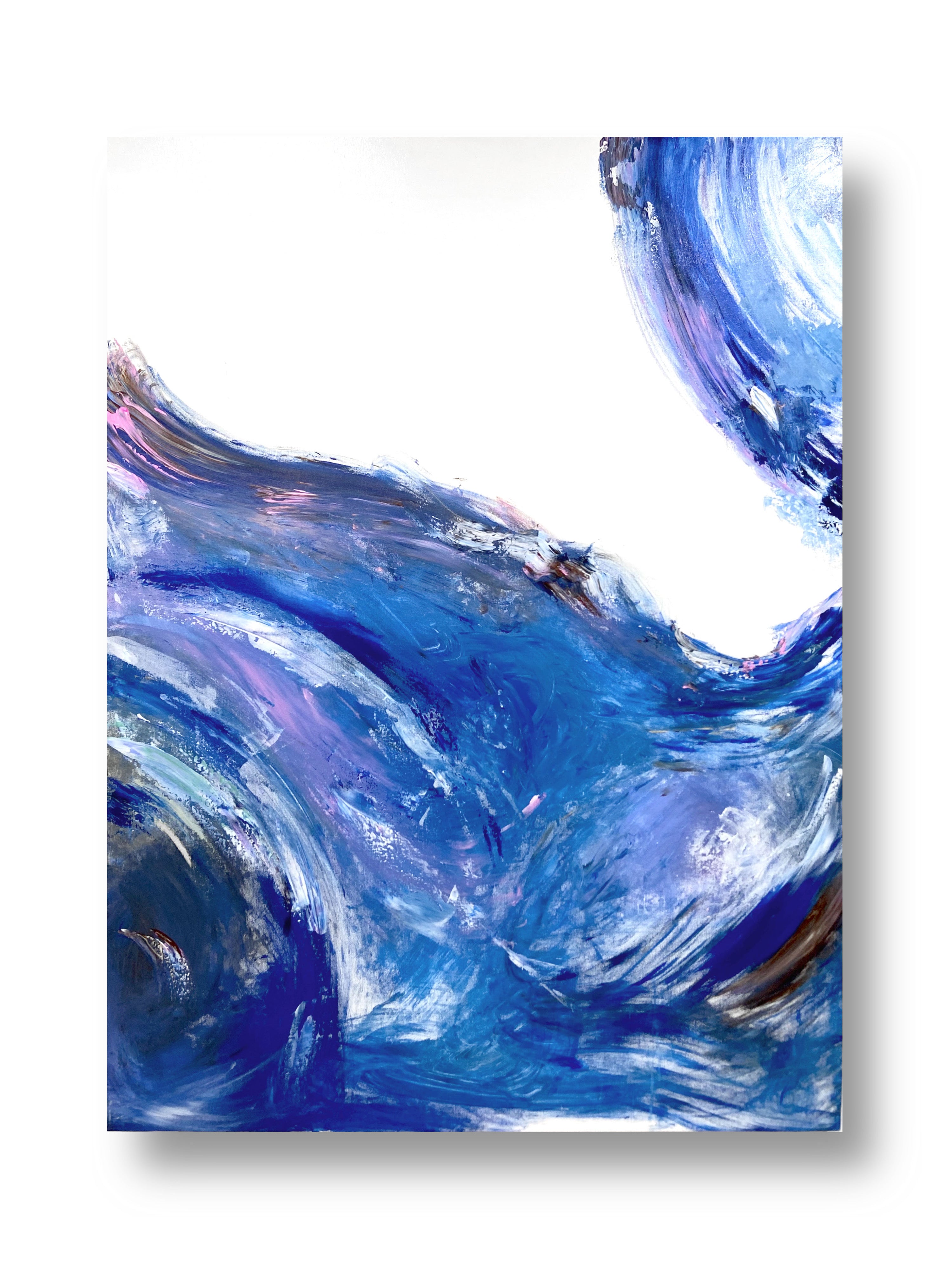 Abstract painting of swirling blue and white colors on a white background