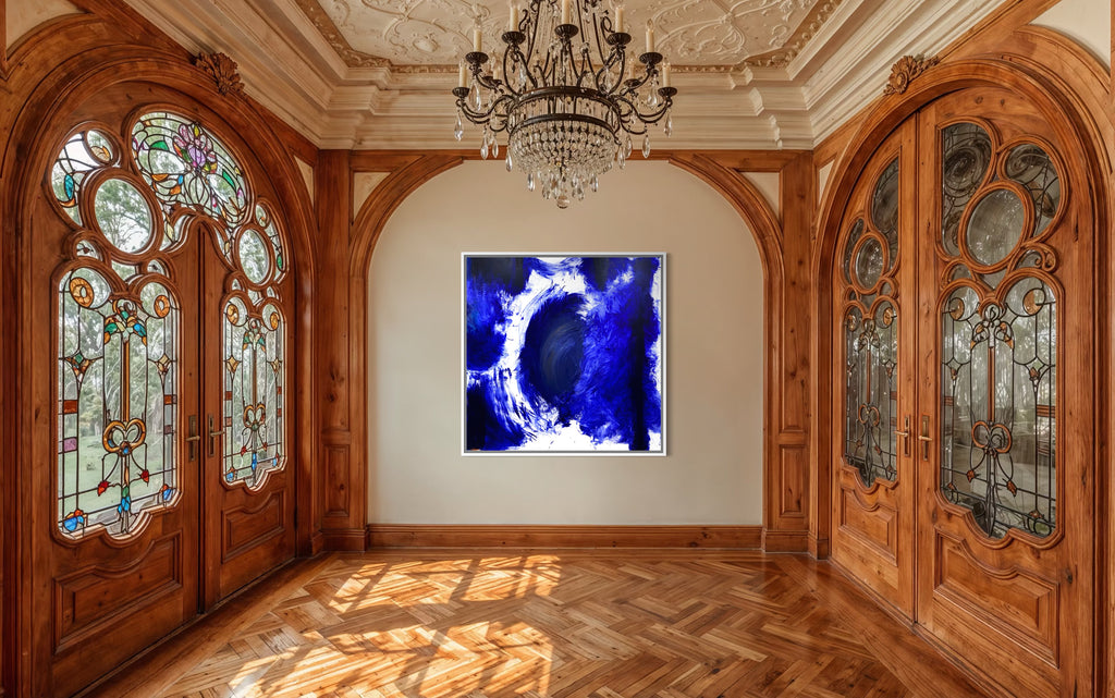 Decorative interior with stained glass doors and a chandelier