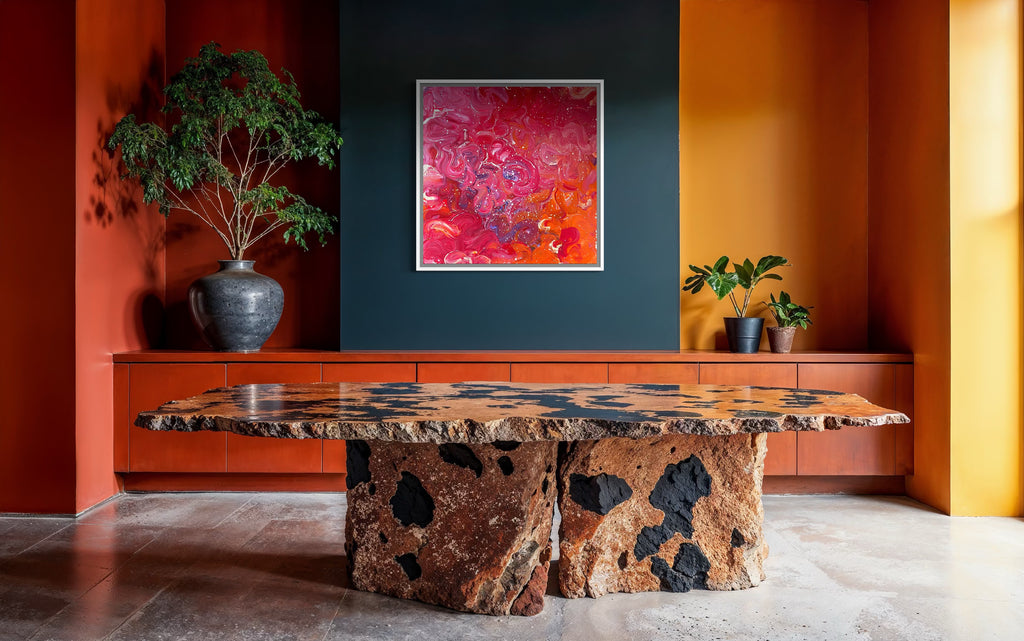 Modern interior with a unique stone table, abstract painting on the wall, and potted plants.