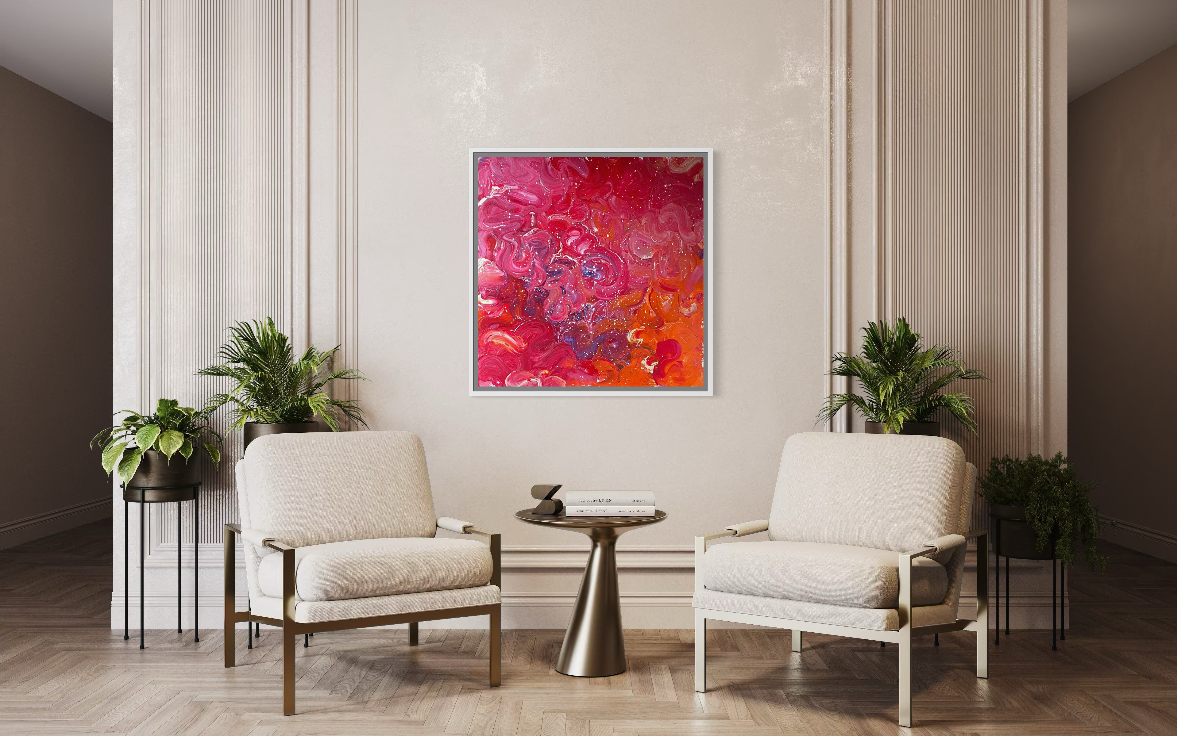 Modern living room with two chairs, a small table, and a colorful abstract painting on the wall.