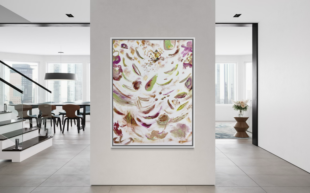 Modern interior with a colorful abstract painting on a white wall