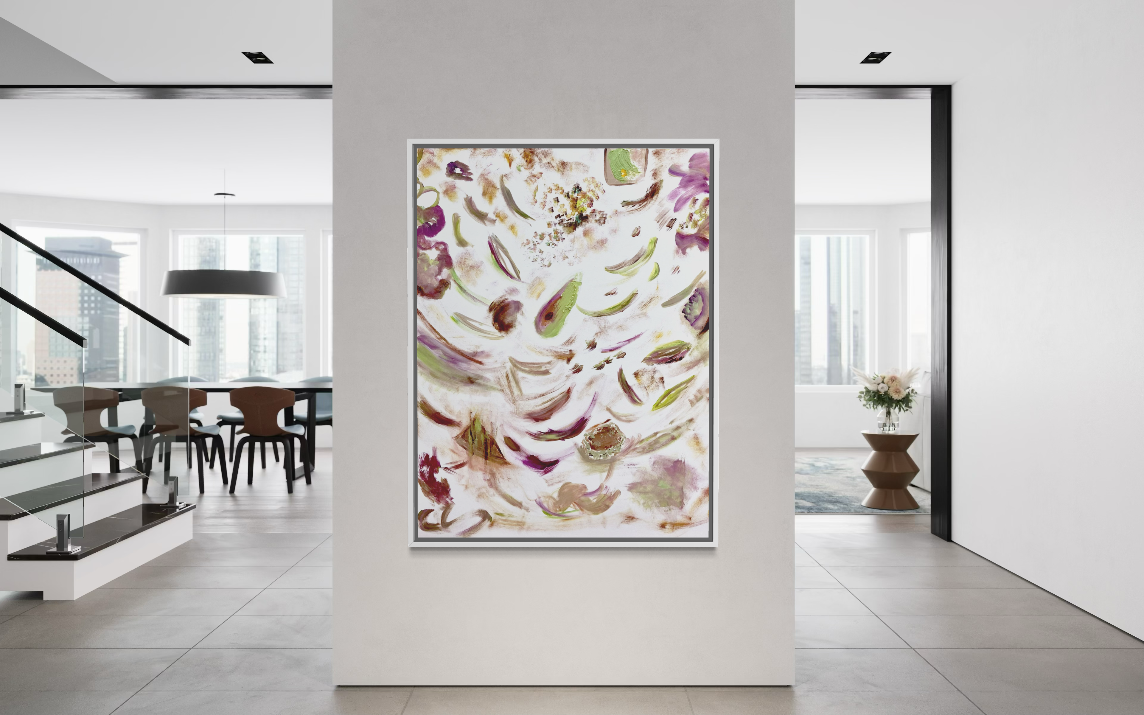 Modern interior with a colorful abstract painting on a white wall