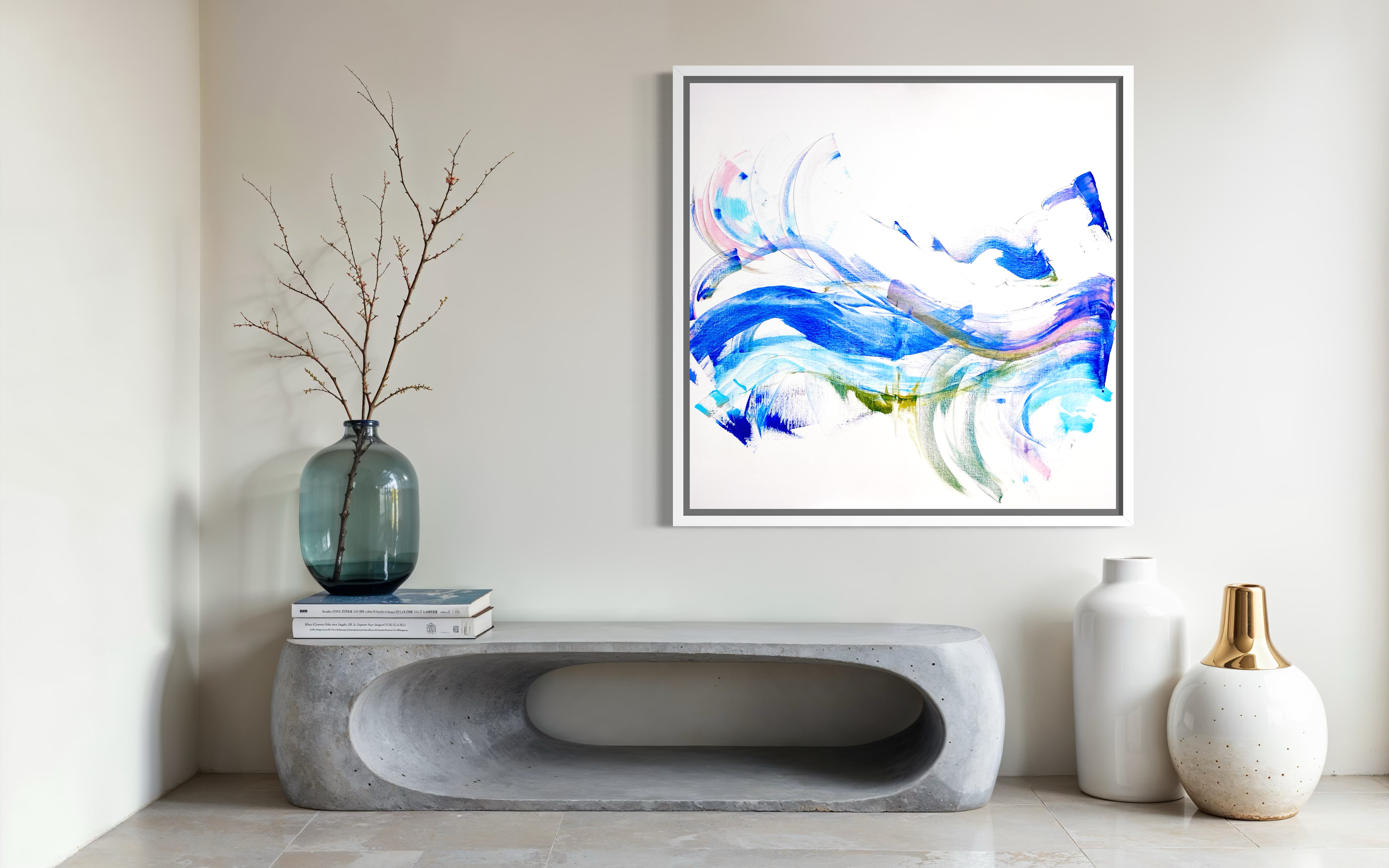 Modern interior with abstract art, concrete console table, and decorative vases.