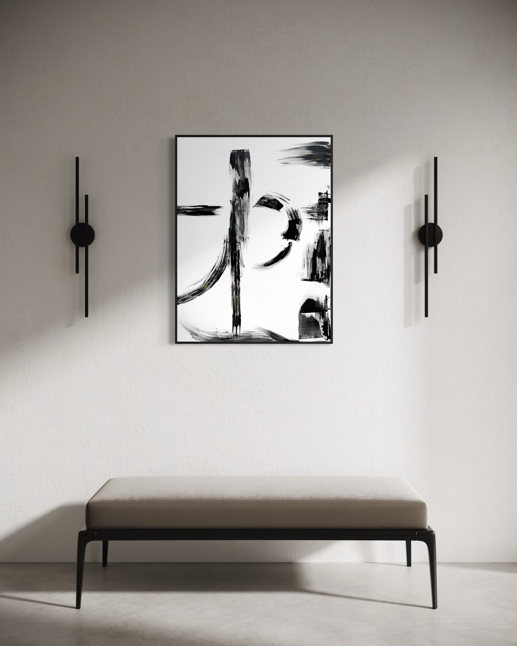 A minimalist black and white abstract art print hangs on a light gray wall above a beige bench, flanked by two black wall sconces.